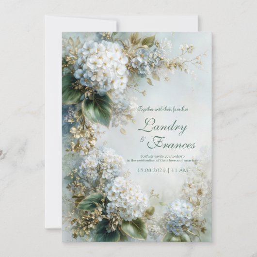 Elegant White Hydrangea Gold Botanical Wedding Kaart (Voorkant)