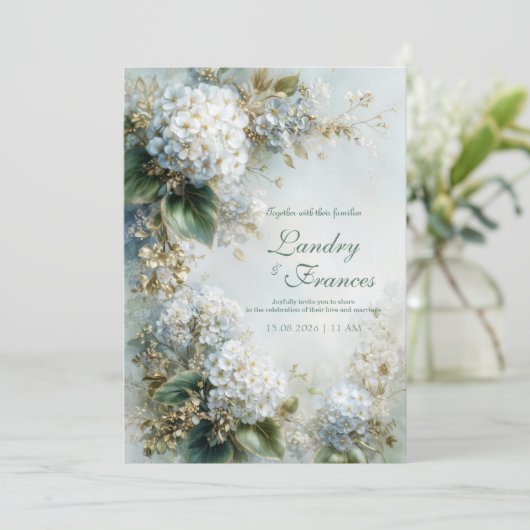Elegant White Hydrangea Gold Botanical Wedding Kaart (Staand voorkant)