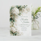 Elegant White Hydrangea Gold Botanical Wedding Kaart (Staand voorkant)