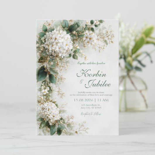 Elegant White Hydrangea Gold Botanical Wedding Kaart (Staand voorkant)