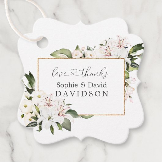 Elegant White Imperial Lilies Gold Wedding Bedankjes Labels (Voorkant)