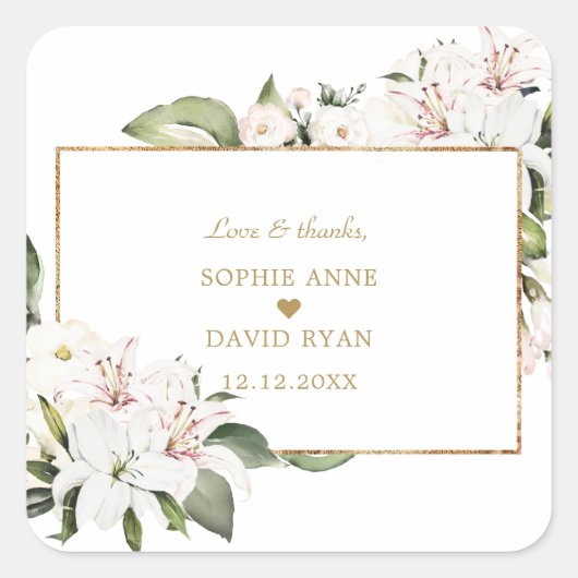 Elegant White Imperial Lilies Gold Wedding Vierkante Sticker (Voorkant)
