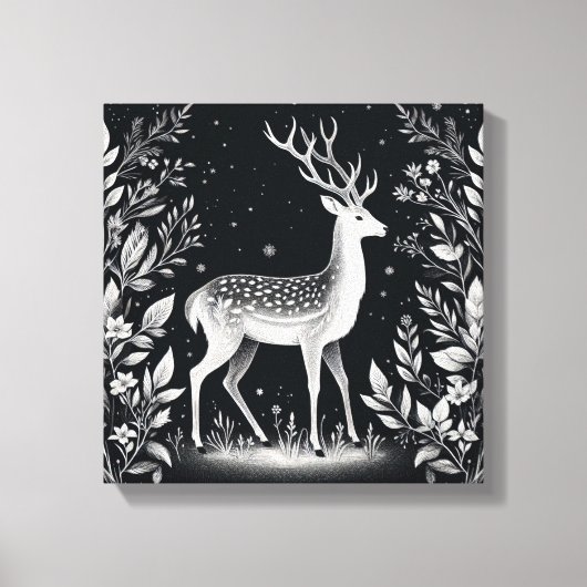 Elegant White Ink Deer in Botanical Frame Canvas Afdruk (Voorkant)
