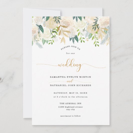 Elegant White Ivory Floral and greenery bruiloft Kaart (Voorkant)