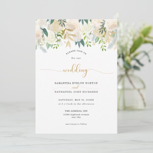 Elegant White Ivory Floral and greenery bruiloft Kaart (Staand voorkant)