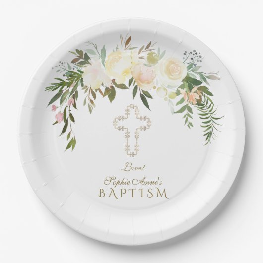 Elegant White Ivory Waterverf Floral Baptisme Papieren Bordje (Voorkant)