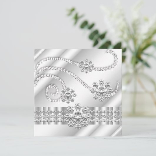 Elegant White Jewel diamant Silver Birthday Party Kaart (Staand voorkant)