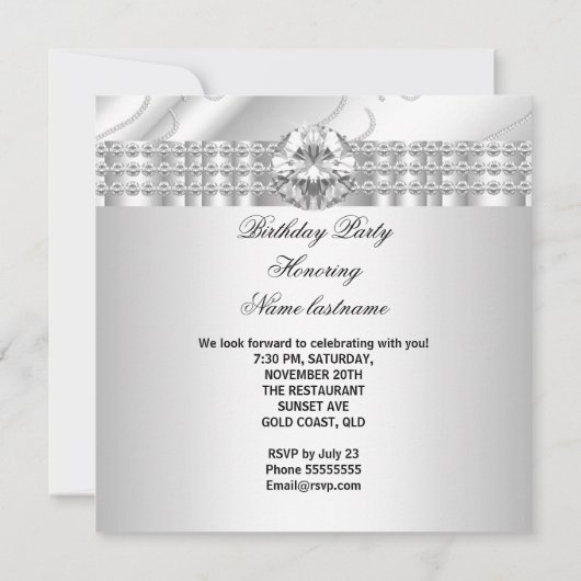 Elegant White Jewel diamant Silver Birthday Party Kaart (Achterkant)