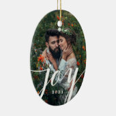 Elegant White Joy Script Foto Kerstmis Keramisch Ornament (Rechts)