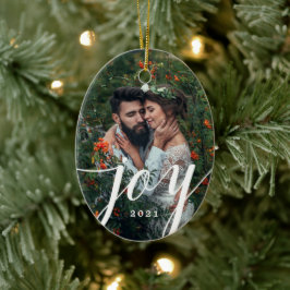 Elegant White Joy Script Foto Kerstmis Keramisch Ornament