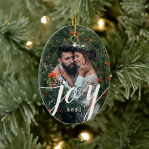 Elegant White Joy Script Foto Kerstmis Keramisch Ornament
