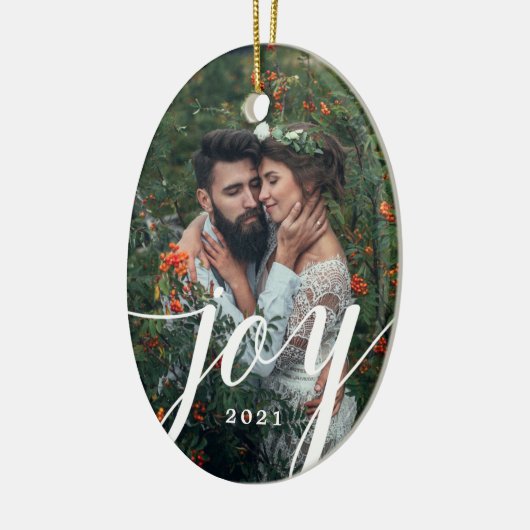 Elegant White Joy Script Foto Kerstmis Keramisch Ornament (Links)