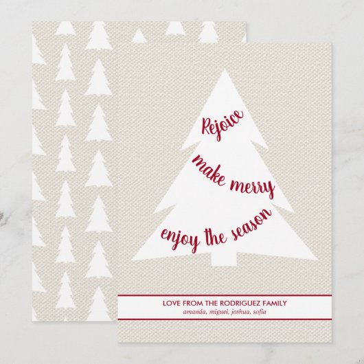 Elegant White-kerstboom, Bourgogdy Script beige Feestdagenkaart (Voorkant / Achterkant)