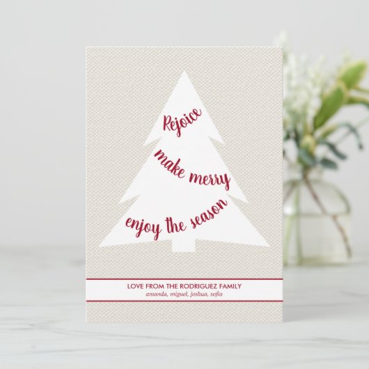 Elegant White-kerstboom, Bourgogdy Script beige Feestdagenkaart (Staand voorkant)