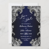 Elegant White Lace Blue Wedding Save The Date (Voorkant)
