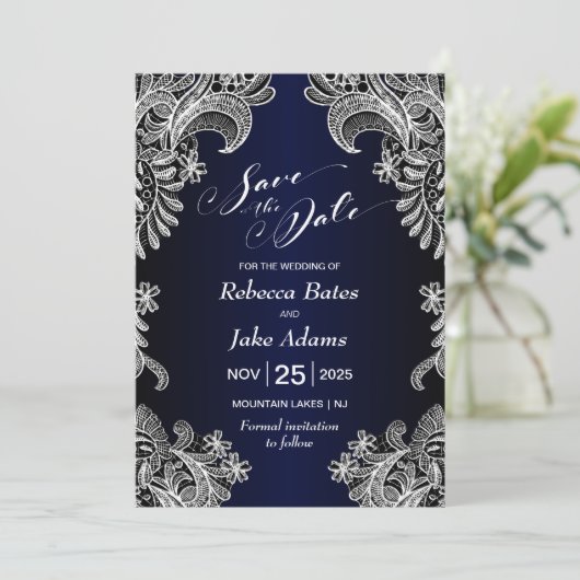 Elegant White Lace Blue Wedding Save The Date (Staand voorkant)