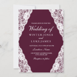 Elegant White Lace Burgundy Wedding Invite Kaart