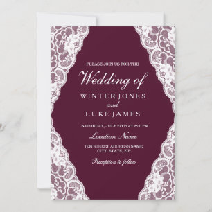 Elegant White Lace Burgundy Wedding Invite Kaart