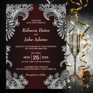 Elegant White Lace Burgundy Wedding Kaart