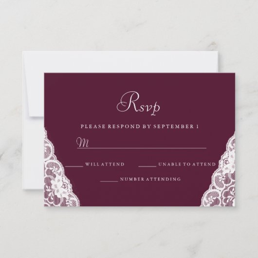 Elegant White Lace Burgundy Wedding RSVP Kaartje (Voorkant)