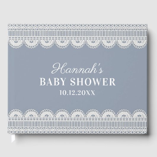 Elegant White Lace Dusty Blue Baby shower Gastenboek (Voorkant)