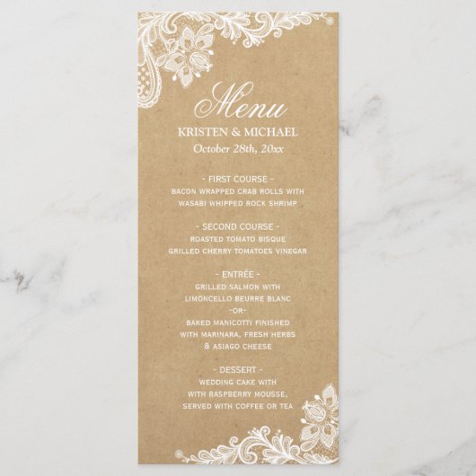 Elegant White Lace Kraft Weddenrenmenu Menu (Voorkant)