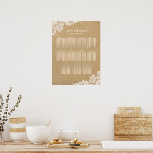 Elegant White Lace Kraft Wedding Seding Chart Poster (Keuken)