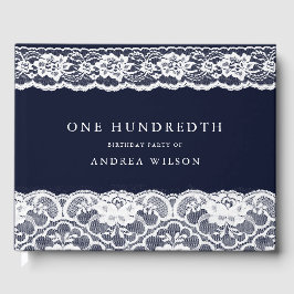 Elegant White Lace Navy Blue 100th Birthday Party Gastenboek