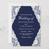 Elegant White Lace Navy Blue Wedding Invite Kaart (Voorkant)