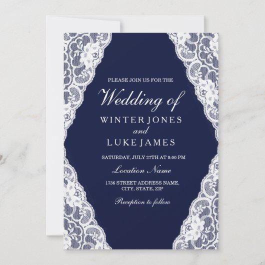 Elegant White Lace Navy Blue Wedding Invite Kaart (Voorkant)
