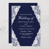 Elegant White Lace Navy Blue Wedding Invite Kaart (Voorkant / Achterkant)