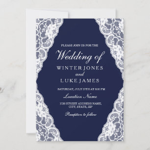 Elegant White Lace Navy Blue Wedding Invite Kaart