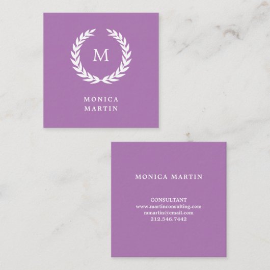 Elegant White Laurel Wreath on Lavender Vierkante Visitekaartje (Voorkant / Achterkant)