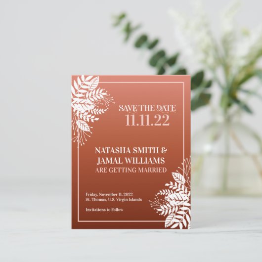 Elegant White Leaves, Red Terracotta Save The Date (Staand voorkant)