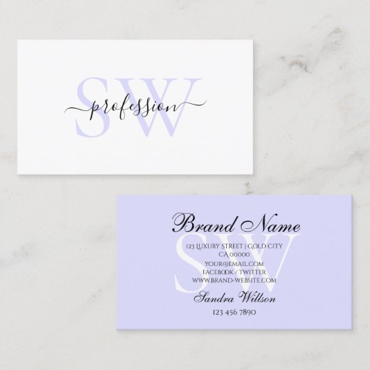 Elegant White Light Pastel Baby Blue met Initialen Visitekaartje (Voorkant / Achterkant)