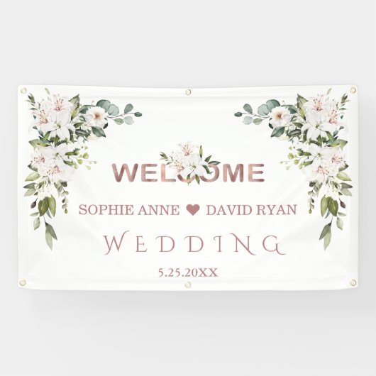 Elegant White Lilies Wedding Gold Welkomstbord Spandoek (Horizontaal)