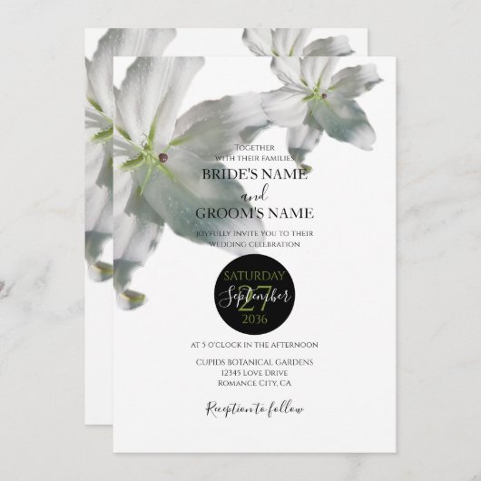 Elegant White Lilies Wedding Invitations Kaart (Voorkant / Achterkant)