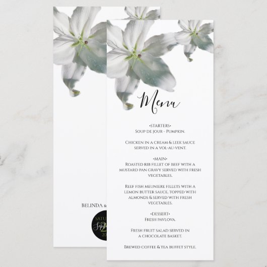 Elegant White Lilies Wedding Menu (Voorkant / Achterkant)