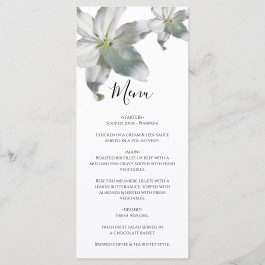 Elegant White Lilies Wedding Menu (Voorkant)