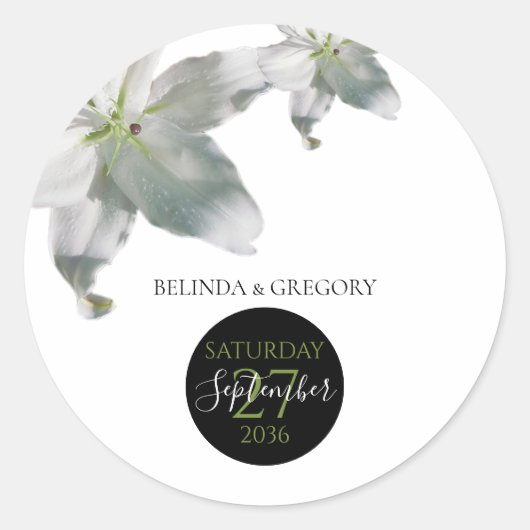 Elegant White Lilies Wedding Ronde Sticker (Voorkant)