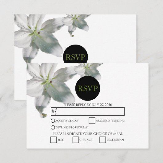 Elegant White Lilies Wedding RSVP Kaarten (Voorkant / Achterkant)