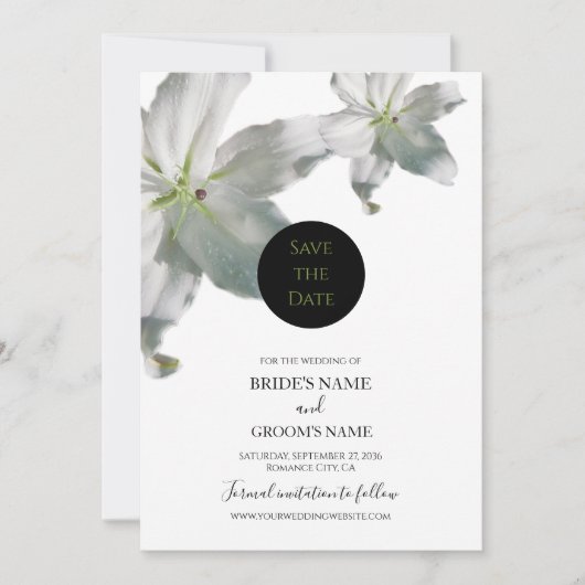 Elegant White Lilies Wedding Save the Date (Voorkant)