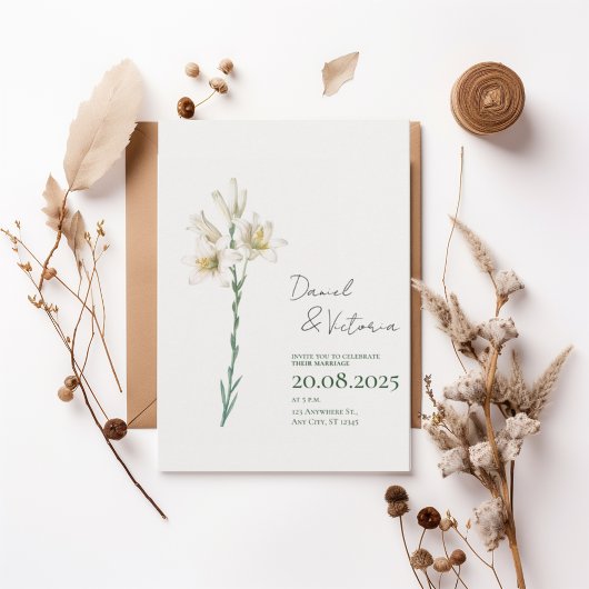 Elegant White Lily Wedding Invitation Kaart