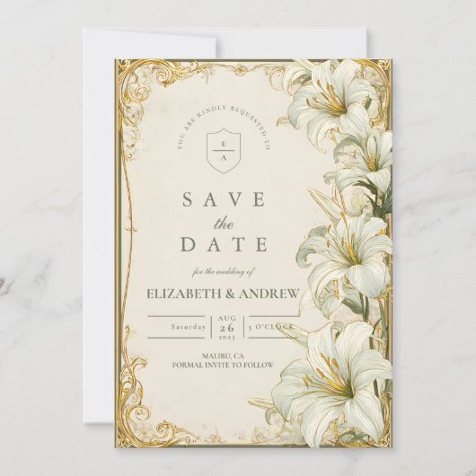 Elegant White Lily Wedding Save The Date (Voorkant)