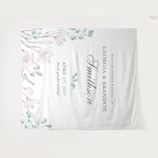 Elegant White Magnolia en Eucalyptus Wedding Wandkleed (Voorkant (horizontaal))