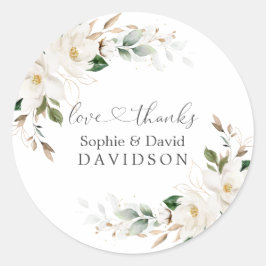 Elegant White Magnolia Floral Gold Wedding Ronde Sticker