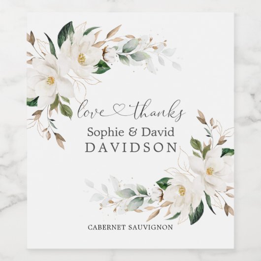 Elegant White Magnolia Floral Gold Wedding Wijn Etiket (Enkel label)