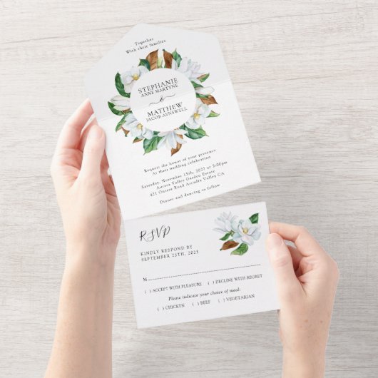 Elegant White Magnolia Floral Wedding All In One Uitnodiging (Afscheurbaar)