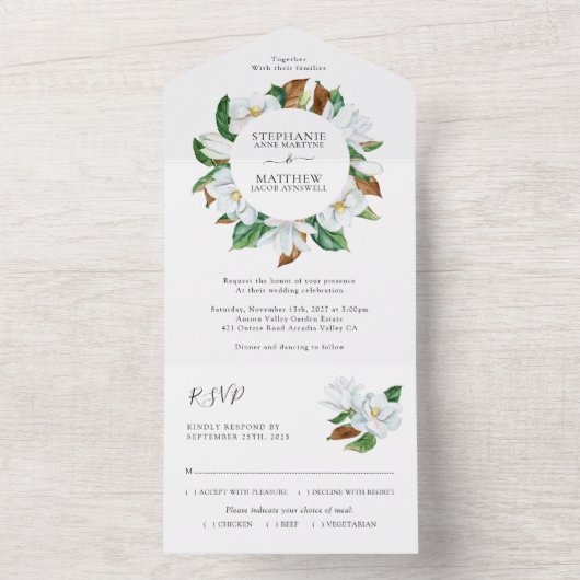 Elegant White Magnolia Floral Wedding All In One Uitnodiging (Binnen)