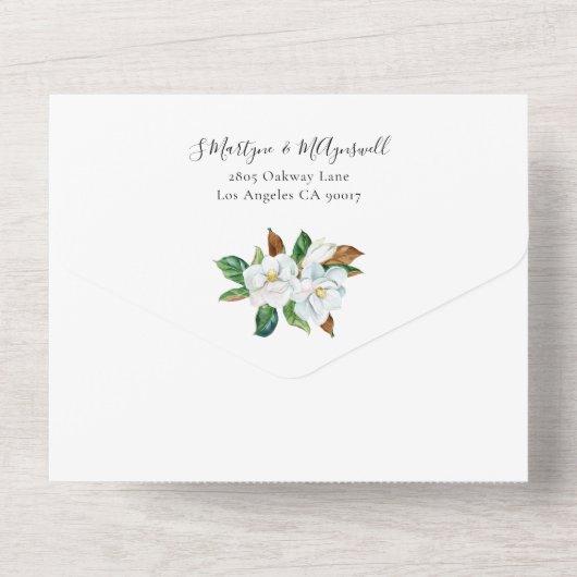 Elegant White Magnolia Floral Wedding All In One Uitnodiging (Achterkant)